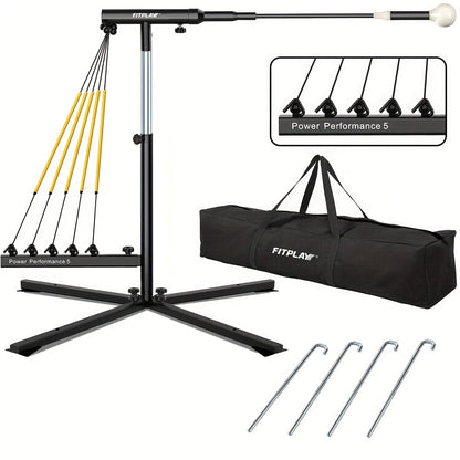 Baseball Swing Trainer with 5 Power Bands & Auto Reset System – Height Adjustable 31–47 Inch Portable Batting Trainer with Sturdy Base & Carry Bag for Indoor Outdoor Use, All Skill Levels