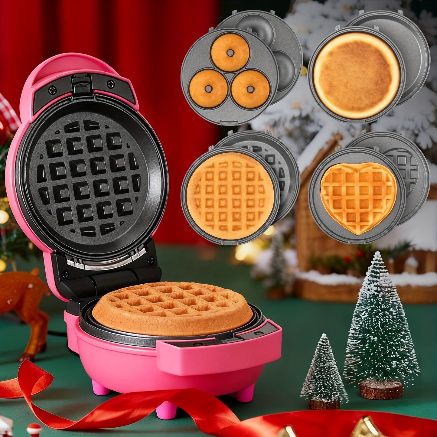 Mini Waffle Maker 4-in-1 with Removable Plates – Waffle, Pancake, Donut & Heart Shape, Non-Stick, Easy Clean, Recipe Included, Compact Breakfast Maker for Home