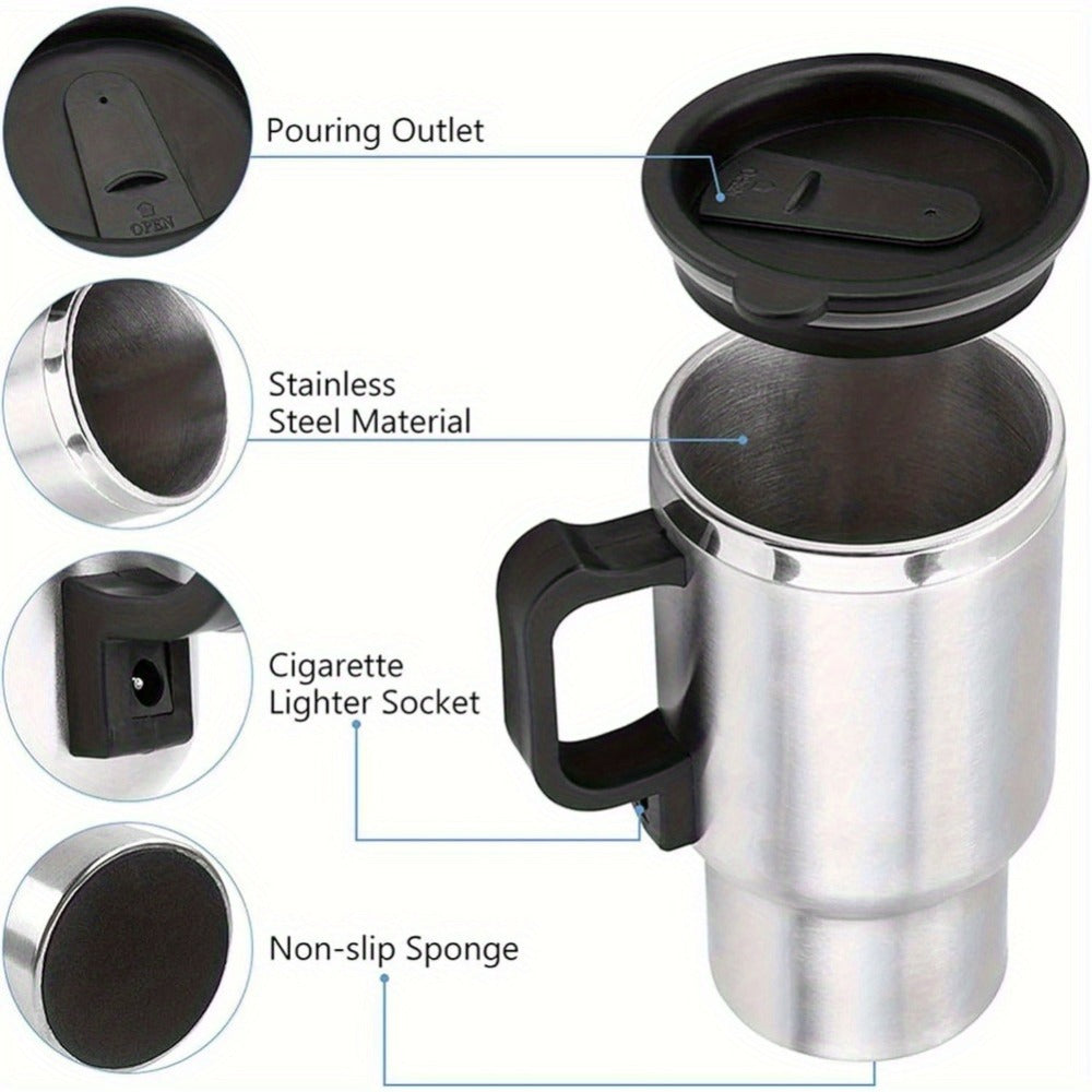12V Car Electric Kettle 450ml Stainless Steel Travel Heating Cup Auto Shut-Off Portable Car Water Heater for Hot Water Tea Coffee Road Trip Camping