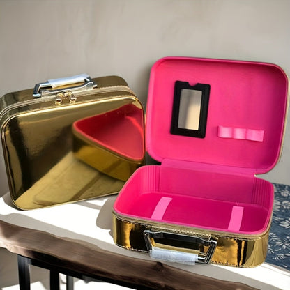 Glitter Makeup Travel Case Hard Shell Large Capacity Flat Lay Organizer Luxury Cosmetic Storage Box for Women Portable Fits in Suitcase Gold Rose Red Pink Size L Beauty Gift