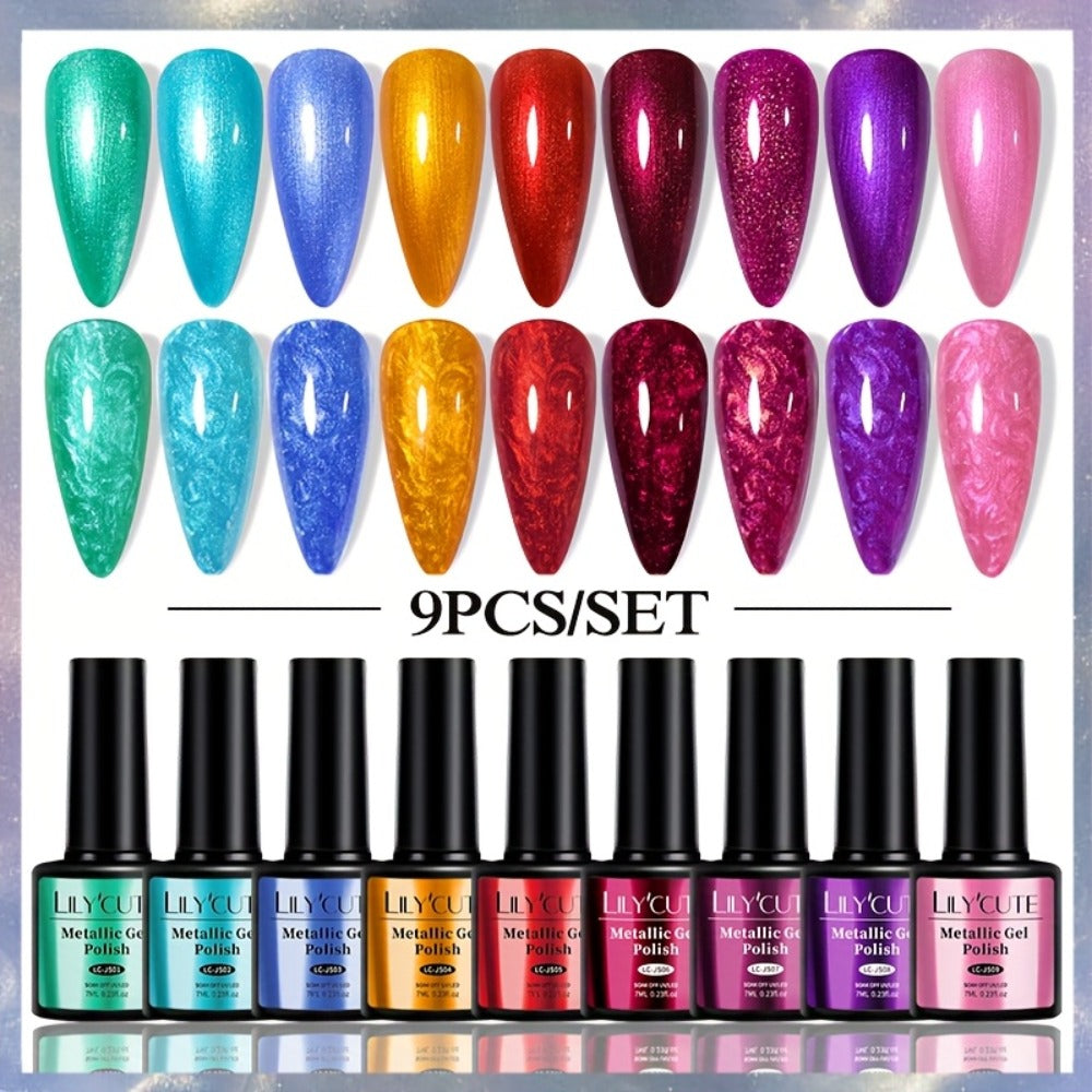 Glitter Gel Nail Polish Set 9pcs Metallic Soak-Off LED UV Sparkling Nail Art Kit — Red & Purple Shades Long-Lasting Salon & DIY Home Manicure, LILYCUTE Professional Formula (0.24oz Each)