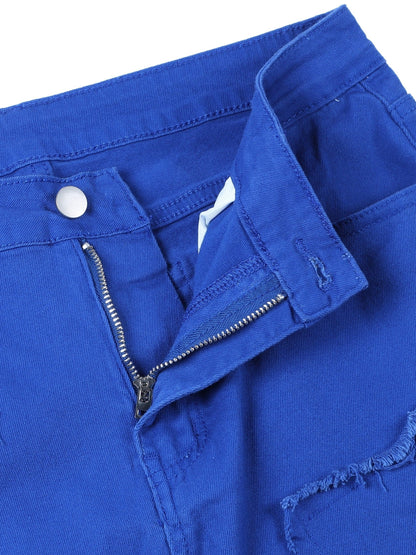 Men's Distressed Fringe-Hem Jeans - Washed Blue Stretch Denim Look
