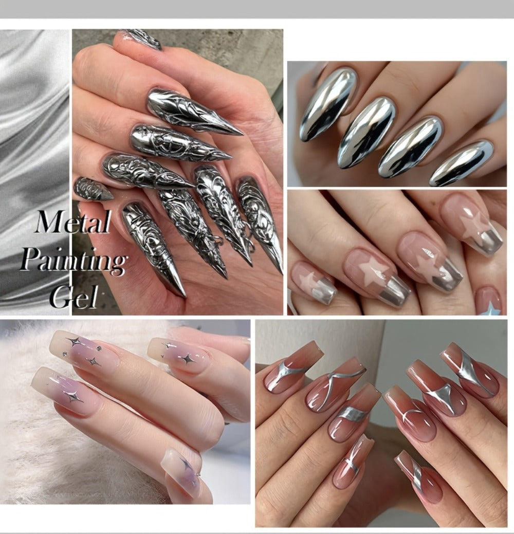 Mirror Metallic Nail Art Painting Gel with Built-In Brush 0.24oz — Metal Effect UV LED Soak Off Silver Chrome Line Drawing Flower Geometric DIY Home Salon Manicure Women Nail Artists
