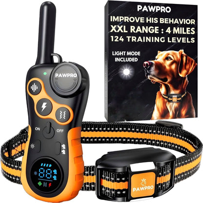 PAWPRO Dog Shock Collar 4-Mile Range Remote Training Collar - 124 Adjustable Levels, 4 Modes Beep Vibration Shock LED, Fits 5-135 lbs Dogs, 2-Year Warranty & Expert Training Guide Included