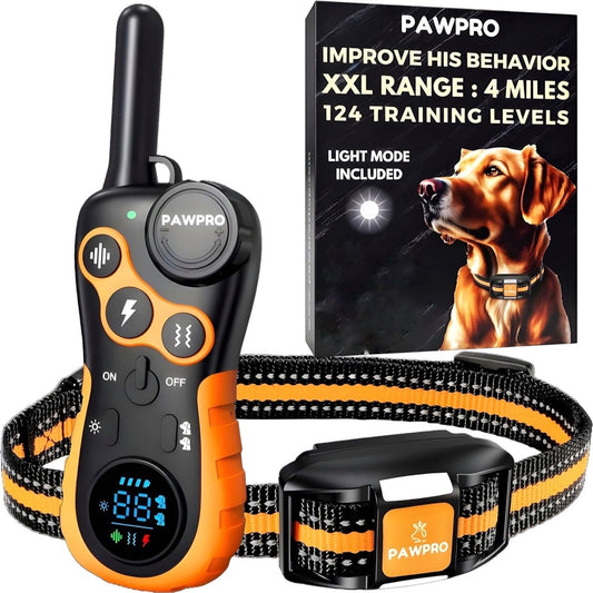 PAWPRO Dog Shock Collar 4-Mile Range Remote Training Collar - 124 Adjustable Levels, 4 Modes Beep Vibration Shock LED, Fits 5-135 lbs Dogs, 2-Year Warranty & Expert Training Guide Included