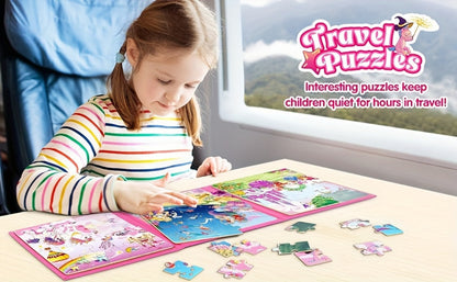 Magnetic Puzzle Book for Girls 3 4 5 6 – 3-in-1 Unicorn Mermaid Princess Travel Puzzles, 20 Pieces Folding Magnetic Jigsaw for Toddlers, Road Trip Car Airplane Activity, Birthday Gift for Little Girls
