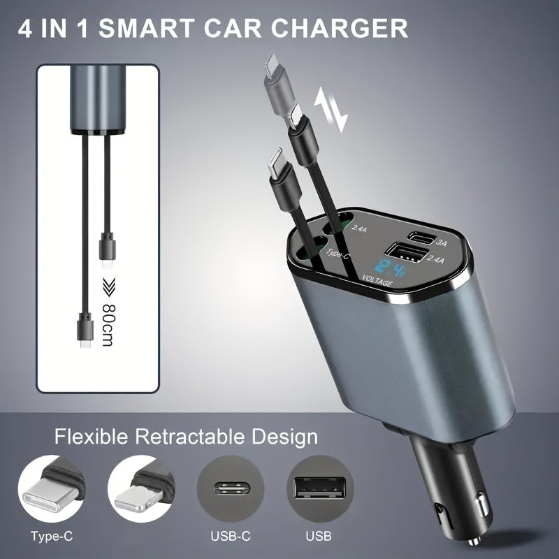 Retractable Car Charger 4in 1 Fast Car Phone Charger, Type C/IOS Car Charger Adapter with 2X Retractable Phone Charger Cables And 2X USB Ports for iPhone 15/14/13/12 Max, Samsung S24/S23, Google Smartphon