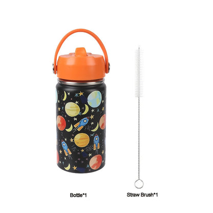 Insulated Stainless Steel Water Cup with Straw | 12oz 340ml, 3D Cartoon Pattern, Double Wall, Handle & Straw Brush – Travel, School & Outdoor