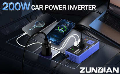 200W Car Power Inverter DC 12V to 110V AC Outlet + USB-C & USB-A 4.8A 24W, Car Plug Adapter Converter for Laptop Camping Travel Road Trip – Black / Blue