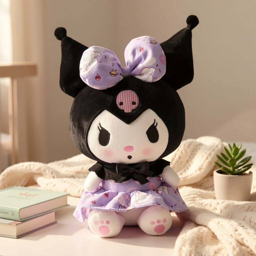 Kuromi Gothic Kawaii Stuffed Animal – Sanrio Plush Doll with Skull Embroidery Floral Bow Headband Princess Dress, Purple Pink Soft Toy Birthday Gift for Girls Teens Anime Fans