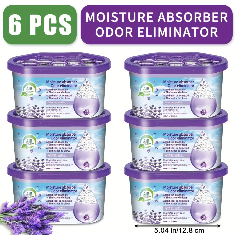 Moisture Absorber Dehumidifier Box 6-Pack – Odor Eliminator & Humidity Controller for Closet, Bathroom, Kitchen, Pantry, Boat & RV – Lavender Vanilla, Fresh Linen, Jasmine Blossom, Bamboo Charcoal