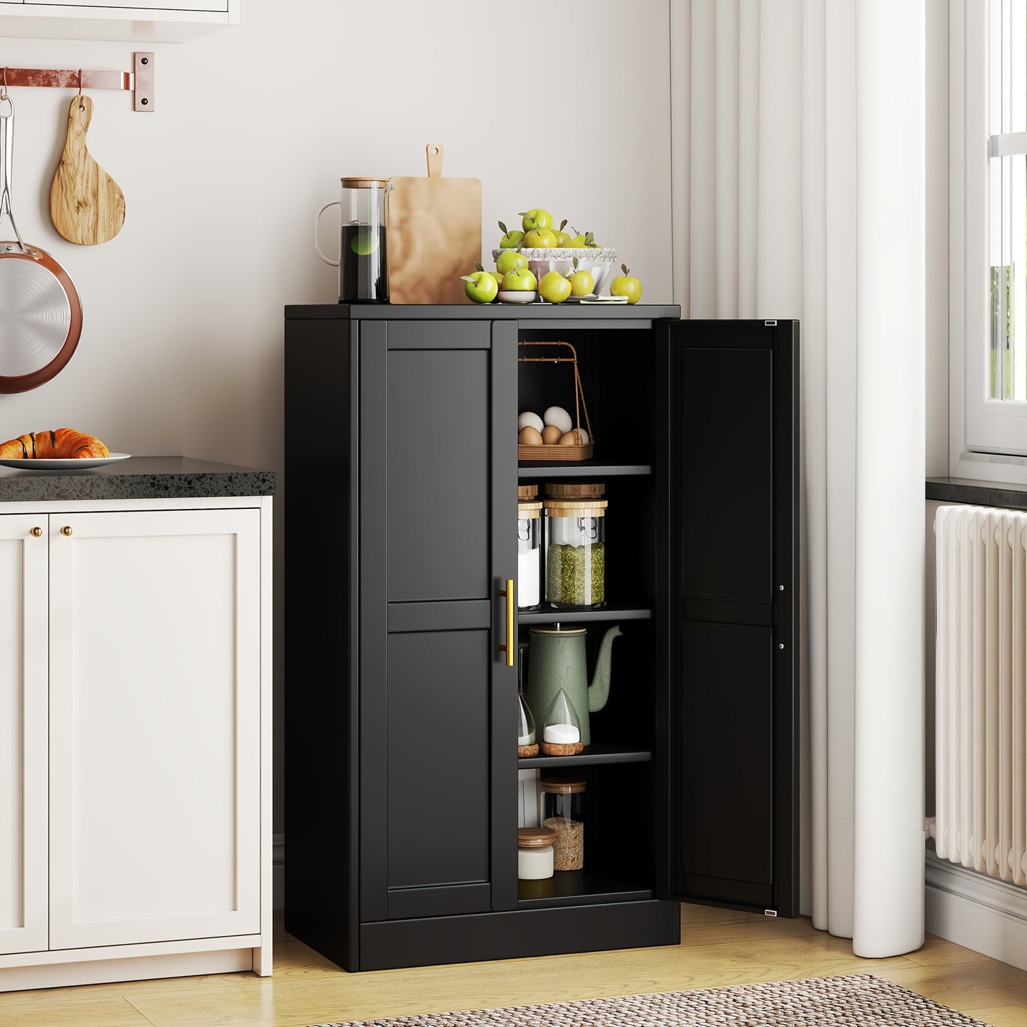 Metal Storage Cabinets and Pantry Cabinets shown in the BLACK option