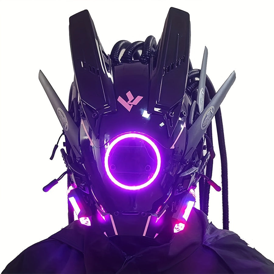 LED Cyberpunk Samurai Mask with Braids – Futuristic Sci-Fi Mechanical Face Mask for Halloween, Cosplay, Music Festival & Rave Party, Blue Green Pink, Free Helmet Included, Adult Gift