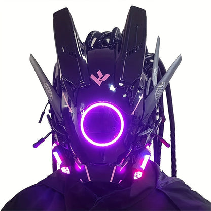 LED Cyberpunk Samurai Mask with Braids – Futuristic Sci-Fi Mechanical Face Mask for Halloween, Cosplay, Music Festival & Rave Party, Blue Green Pink, Free Helmet Included, Adult Gift