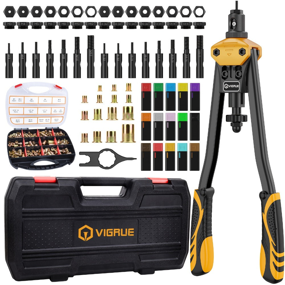Rivet Nut Tool Kit 16-Inch – Hand Riveter Set with 15 Mandrels M3-M12 & 6-32 to 1/2-13, 300 Metric & SAE Rivet Nuts Included, Professional Nutsert Installation Tool for Metal Fabrication