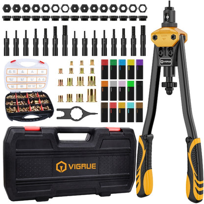 Rivet Nut Tool Kit 16-Inch – Hand Riveter Set with 15 Mandrels M3-M12 & 6-32 to 1/2-13, 300 Metric & SAE Rivet Nuts Included, Professional Nutsert Installation Tool for Metal Fabrication
