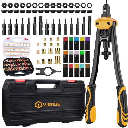 Rivet Nut Tool Kit 16-Inch – Hand Riveter Set with 15 Mandrels M3-M12 & 6-32 to 1/2-13, 300 Metric & SAE Rivet Nuts Included, Professional Nutsert Installation Tool for Metal Fabrication