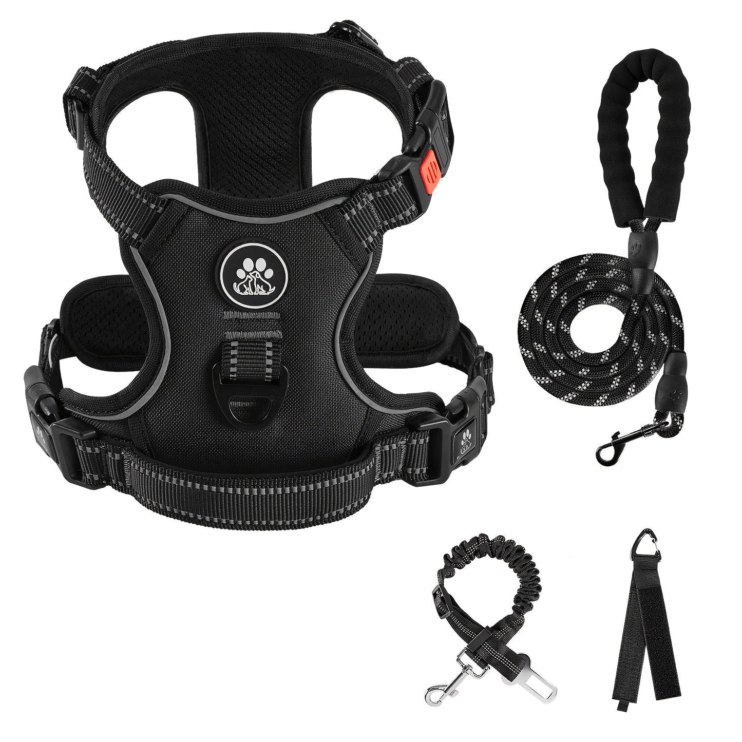 No Pull Dog Harness Set with Collar, Leash & Retractable Seatbelt – Reflective Adjustable Breathable Vest for Small to Large Dogs