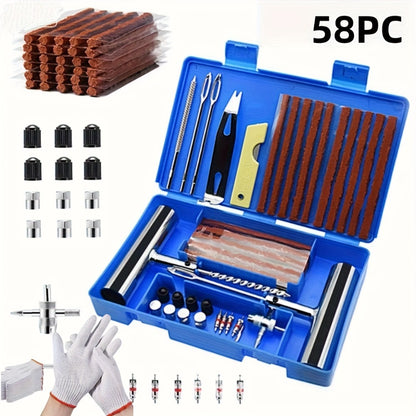 Tire Repair Tool Kit 47 / 58 / 104 / 116-Piece for Cars Motorcycles Trucks Tractors Trailers, Heavy-Duty Tubeless Tire Plug Patch Kit with Storage Bag & Gloves, No Battery Required, Roadside Emergency