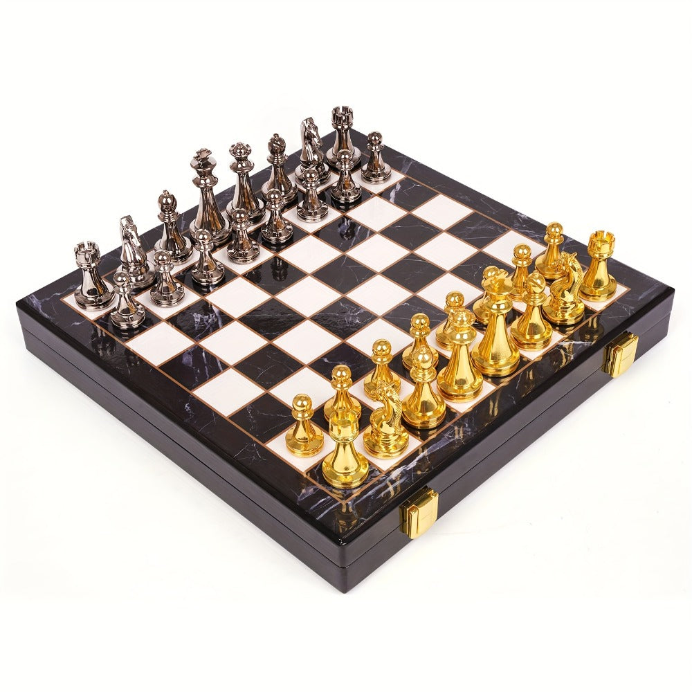Luxury Metal Chess Set with Marble Board – Zinc Alloy Gunmetal & Gold Pieces Extra Queens 11.5" Elegant Chessboard Gift for Adults Beginners Home Office Decor