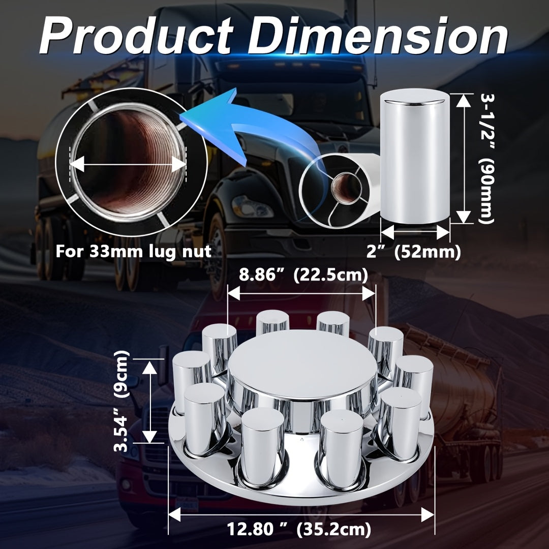 ABS Chrome Plastic Front And Rear Axle Cover Kits with 33mm Thread-on Flange Nut Covers for Semi Trucks In Pairs (Flat Top Front 2 Set & Whole 2+4 Set)
