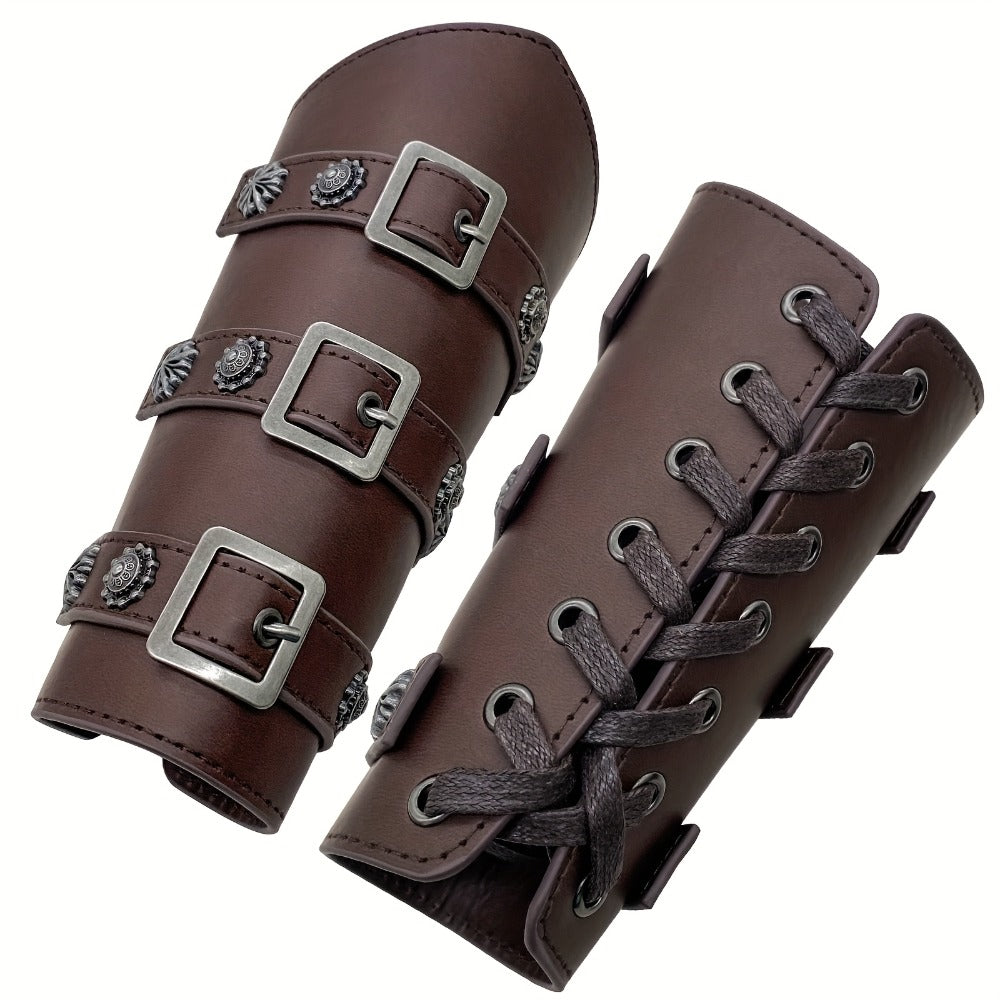 Viking Medieval Leather Arm Guards Bracers – PU Leather Knight Gauntlets Adjustable Metal Buckles Rivets for Men Women Halloween Cosplay LARP Renaissance Fair Stage Costume Dark Brown Khaki Black