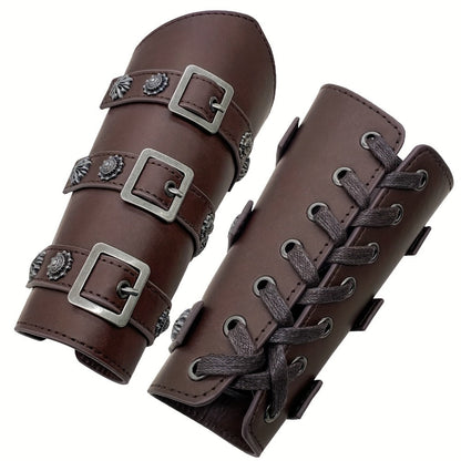 Viking Medieval Leather Arm Guards Bracers – PU Leather Knight Gauntlets Adjustable Metal Buckles Rivets for Men Women Halloween Cosplay LARP Renaissance Fair Stage Costume Dark Brown Khaki Black