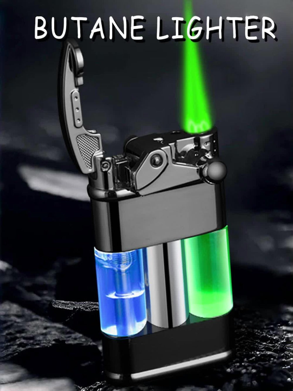 Green Flame Metal Lighter Windproof – Refillable Butane Gas Lighter with Adjustable Flame, Fuel Window & Rocker Arm Ignition, Cool Multifunctional Lighter for Outdoor Camping BBQ Cigars (No Butane)