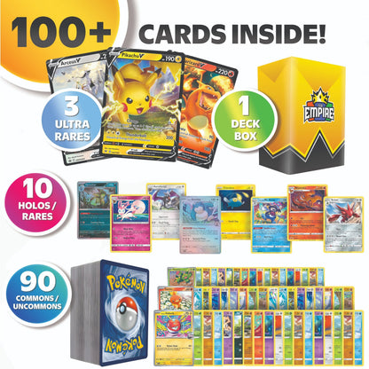 100+ Pokémon Cards Triple Power Bundle – 3 Guaranteed Ultra Rare (EX/GX/V/VMAX/VSTAR) + 10 Holos + TCG Empire Storage Box | Authentic Collection Gift for Kids & Collectors