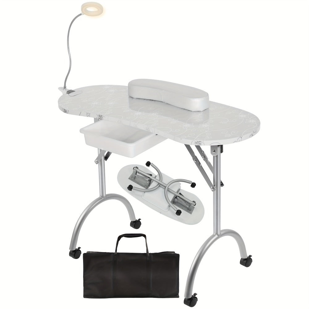 Foldable Nail Table with LED Lamp Drawer Lockable Wheels Wrist Cushion & Carrying Bag – Portable Manicure Station for Nail Salon Technician Home Studio White