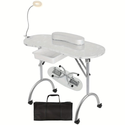Foldable Nail Table with LED Lamp Drawer Lockable Wheels Wrist Cushion & Carrying Bag – Portable Manicure Station for Nail Salon Technician Home Studio White