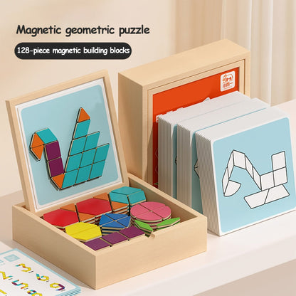 Magnetic Wooden Puzzle Blocks 128 180 220 Piece Set – Geometric Figures Cognitive Learning STEM Toy for Kids, Creative Jigsaw Building Gift for Toddlers & Children