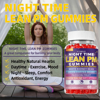Sleep Gummies with Melatonin, Lemon Balm & Passionflower — Night Time Lean PM Formula | White Kidney Bean, Green Coffee | Relaxation, Restful Sleep & Nighttime Wellness | 60 Gummies