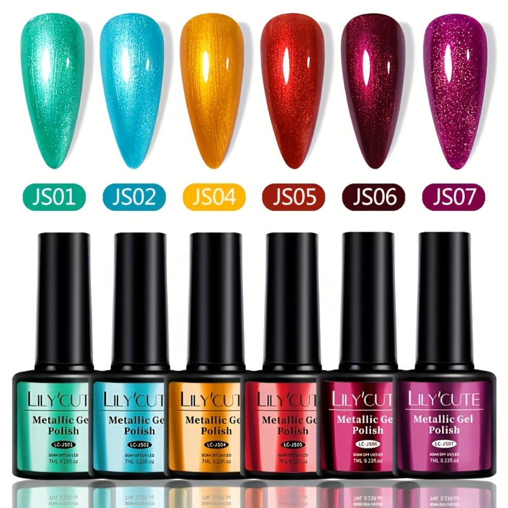 Glitter Gel Nail Polish Set 6pcs Metallic Sparkle – Liquid Glitter Soak-Off Gel in Red & Purple, LED Curable High-Shine Nail Art Kit 0.24oz Each for Salon & Home Manicure Women by LILYCUTE