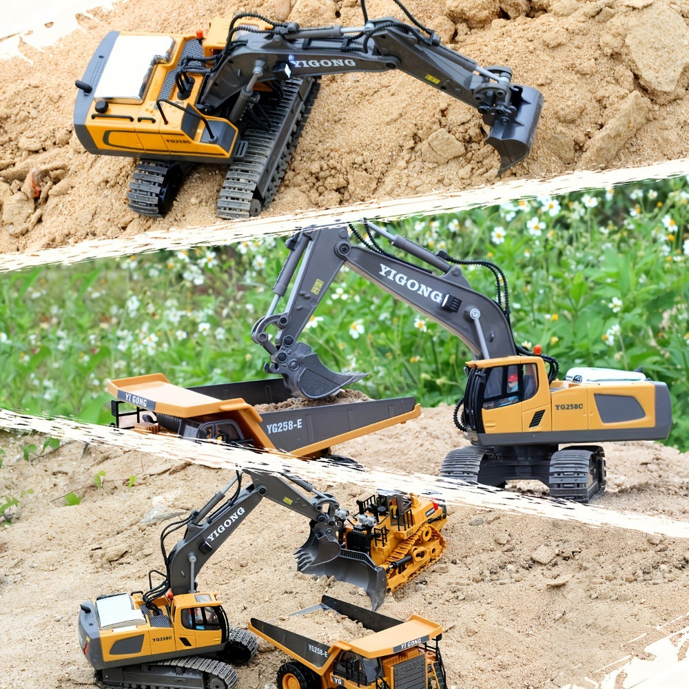 RC Excavator Toy 1:18 Scale 2.4GHz Remote Control with Metal Scoop 680-Degree Rotation Lights & Sound – Construction Vehicle Set Dump Truck Bulldozer Loader for Boys Ages 8+ Birthday Christmas Gift