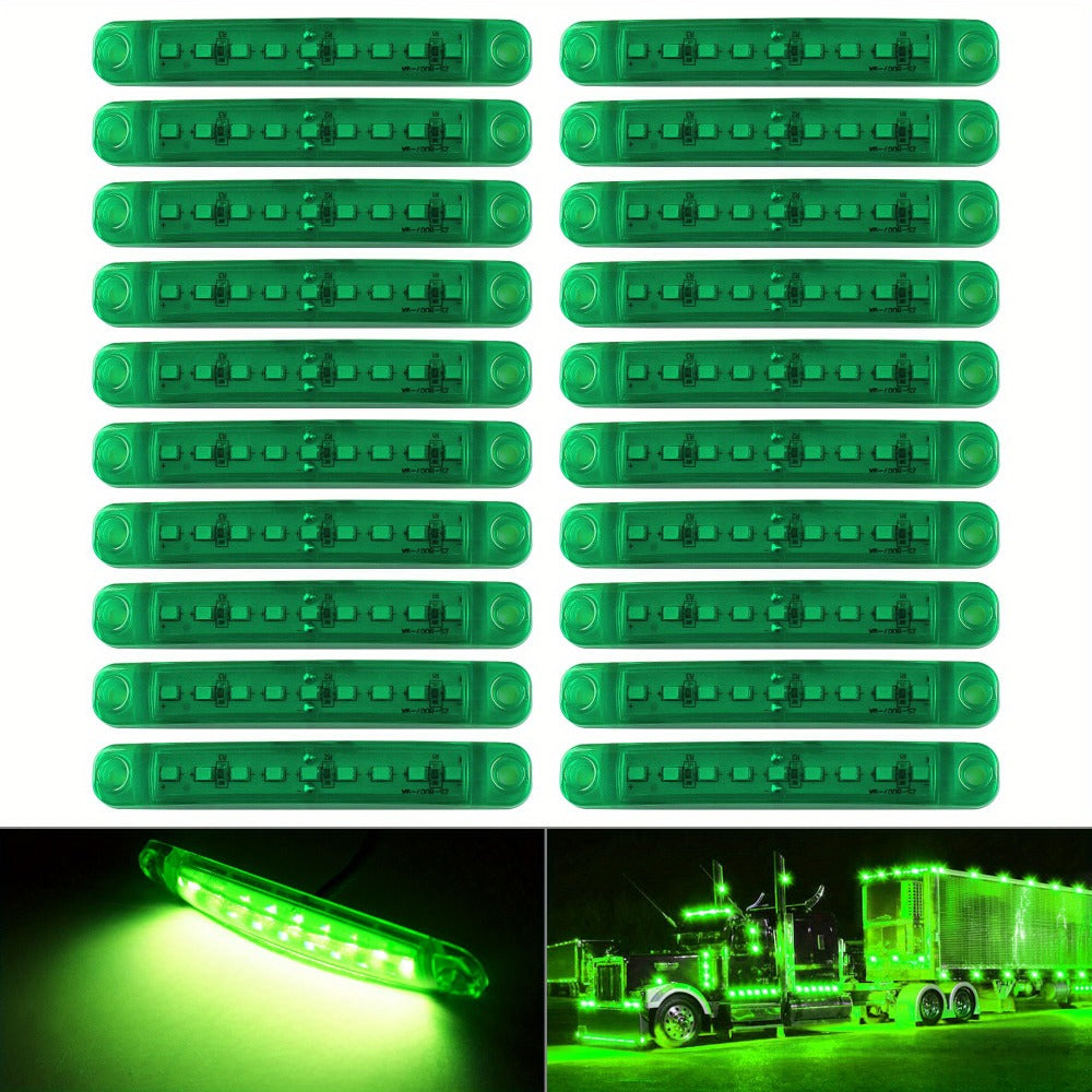LED Side Marker Lights 20pcs, 12V 9-LED Clearance Indicator Lamp Bar for Truck Car Trailer, Waterproof Side Marker Light Kit in White Red Amber Blue Green