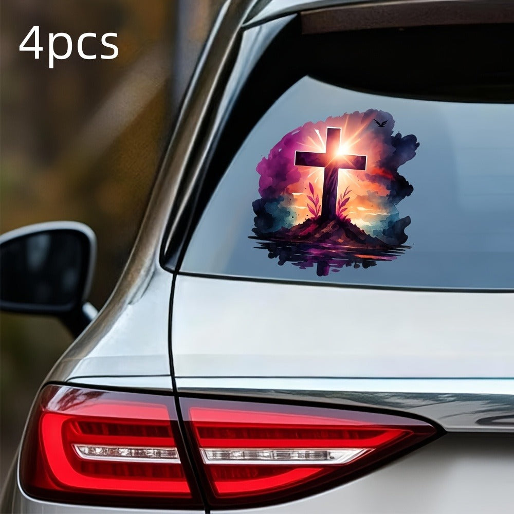 Car Window Decals Vinyl Cross Sunset Sky Stickers – Funny Bumper Sticker for Cars, Trucks & SUVs, Waterproof Outdoor Vinyl Decal, Christian Faith Mountain Scene, 1pc or 4pcs Set