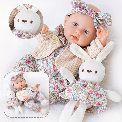 Floral Dress Baby Doll 12 Inch with Rabbit Plush Toy Gift Set – Realistic Vinyl Doll with Floral Outfit, Headscarf, Socks & Bunny Toy, Creative Dress-Up Playset for Girls Ages 3+, Birthday Holiday Gift