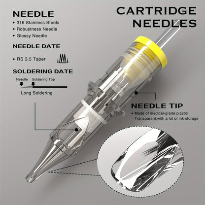 Tattoo Cartridge Needles 20pcs Disposable EO Sterilized 12 Series Round Liner Curved Magnum Flat Shader for Professional Body Art Tattoo Machine RL CM M1 RS