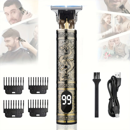 LED Hair Trimmer for Men - T-Blade USB Rechargeable 2000mAh, Vintage Dragon & Mustache Design, 4 Guide Combs, Cordless Precision Grooming, Holiday Gift for Him
