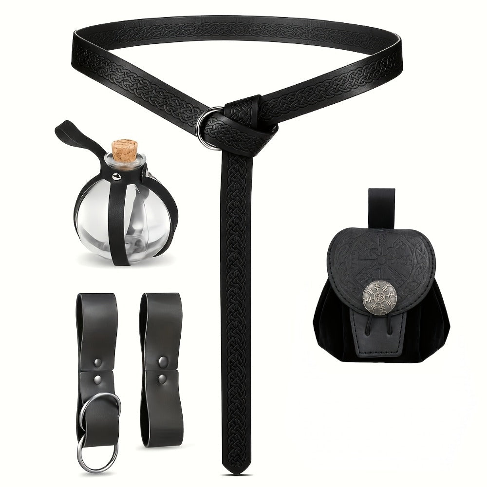 Medieval Belt Set 5pcs Viking Renaissance Faux Leather Harness with Potion Bottle Bag – LARP Halloween Cosplay Renaissance Fair Themed Party Role Play Costume Accessory, Black & Brown