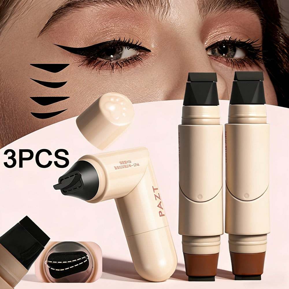 Eyeliner Stamp Pen 3PCS Double-Headed Rotating Waterproof for Women - Quick-Dry Smudge-Proof 24H Wear Winged Liner Stamp for Perfect Cat Eye, Black & Brown, Beginner-Friendly Eye Makeup Set