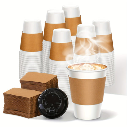 Disposable Paper Coffee Cups with Lids and Sleeves 12oz – Leak-Proof To-Go Hot Coffee Cups with Insulated Sleeve for Home, Office, Party & Coffee Bar | 50 or 100 Pack
