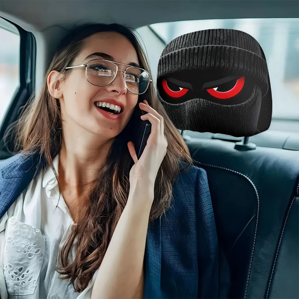 2pcs Red-Eyed Bandit Mask Car Headrest Covers, Knit, Unisex, No Stuffing, Easy to Install and Wash, Trendy Car Interior Decor for Friends Gathering and Road Trips, Unique and Fun Car Accessories