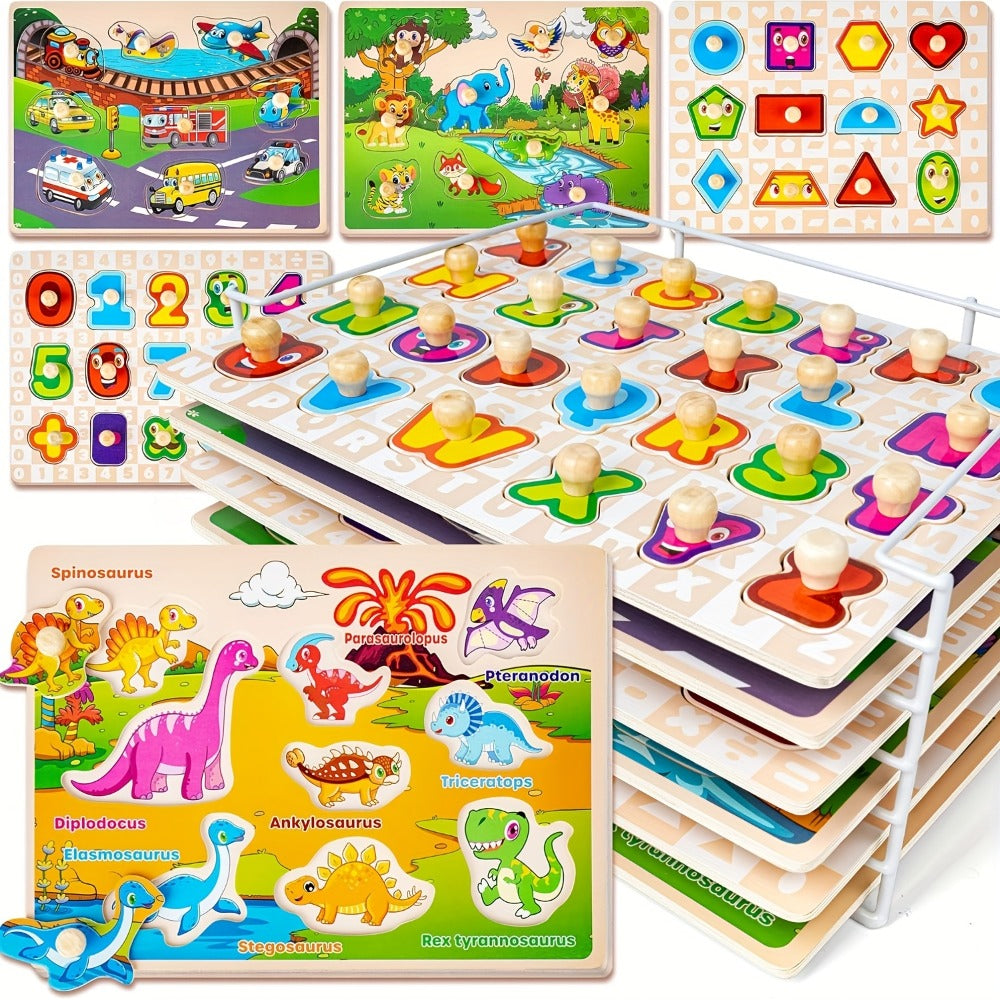 6-in-1 Wooden Toddler Puzzle Set with Storage Rack – Alphabet Number Shape Animal Dinosaur Vehicle Puzzles, STEM Montessori Educational Learning Toy, Gift for Baby Boys Girls Ages 1 2 3