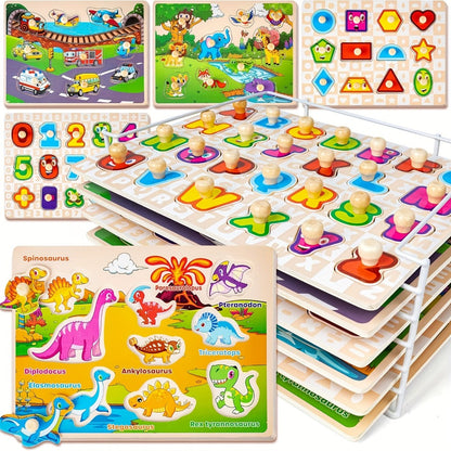 6-in-1 Wooden Toddler Puzzle Set with Storage Rack – Alphabet Number Shape Animal Dinosaur Vehicle Puzzles, STEM Montessori Educational Learning Toy, Gift for Baby Boys Girls Ages 1 2 3