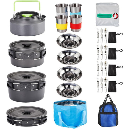 Backpacking Cookware Mess Kit 19/27pcs – Non-Stick Pot Pan Kettle with Stainless Steel Cutlery, Lightweight Camping Cook Set for Open Fire, Hiking & Outdoor Cooking