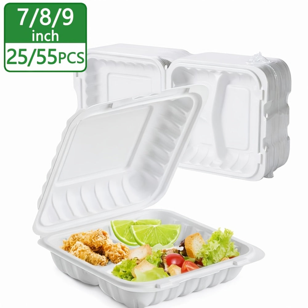 Disposable Food Containers Take Out Boxes with Lids - 7" 8" 9" Plastic Clamshell Meal Prep Containers BPA Free 1 & 3 Compartment Heavy Duty Reusable White