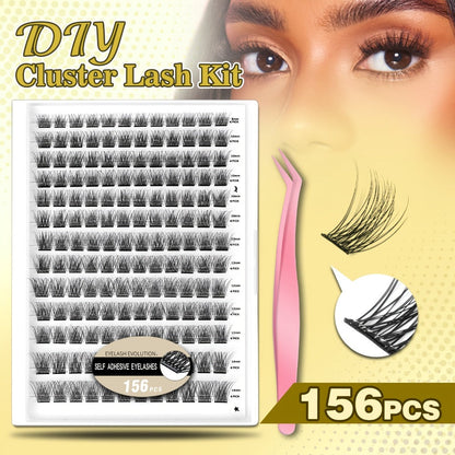 156Pcs No-Glue Lash Clusters Kit — Self-Adhesive Pre-Glued DIY Eyelashes with 2 Tweezers, Reusable Natural Look Cluster Lashes, No Remover No Residue False Eyelash Extension Kit for Women Beginners