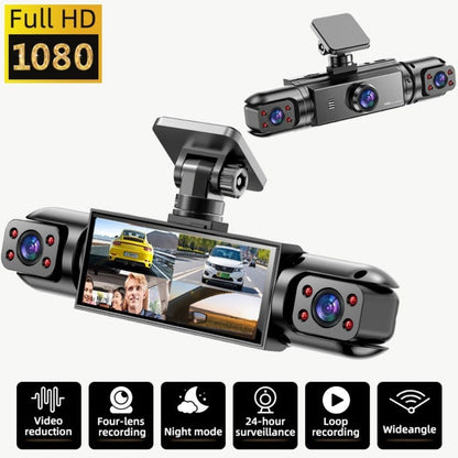 360° 4-Channel Dash Cam 1080P Front + 720P Rear Left Right Full Coverage, WDR Night Vision, G-Sensor, Loop Recording – Optional 64GB TF Card, Car Safety Driving Recorder